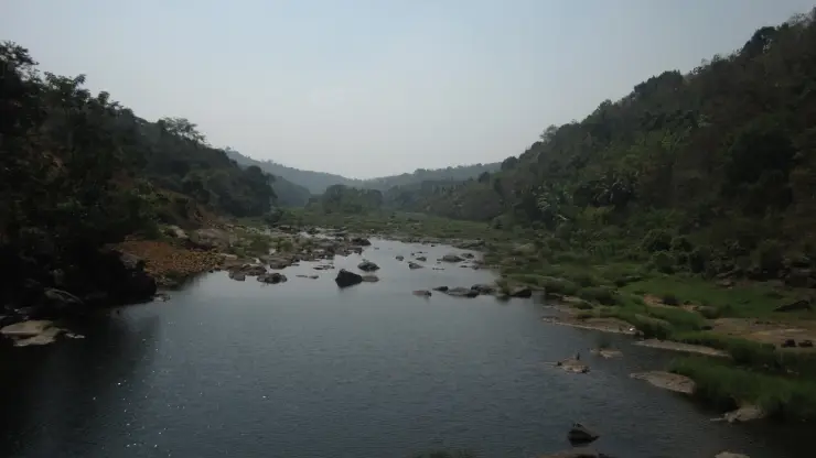Water runs through a long rocky reach of Perunthenaruvi beneath the forested riverbank.