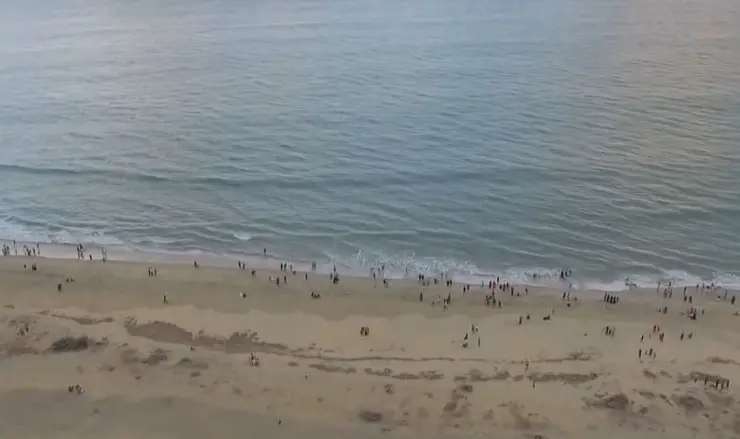 Aerial view of the sand and surf at Padinjarekkara Beach with people along the waterline at dusk