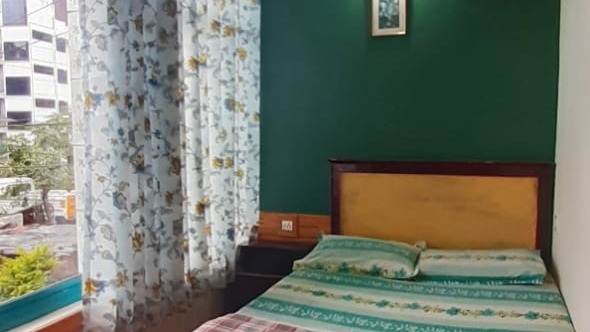 Double bed, green wall and window in a Budget Room at Green View Holiday Inn