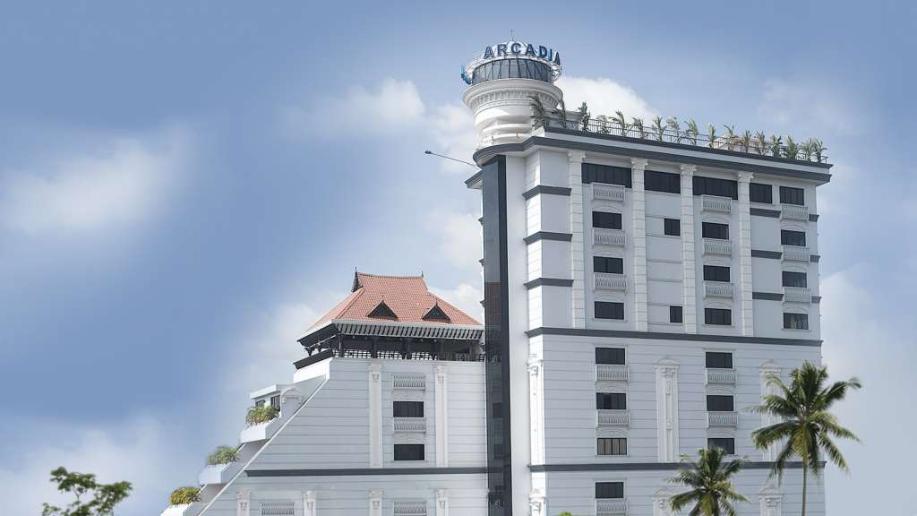 Hotel Arcadia's signed tower in Kottayam, pictured in its Kerala Tourism listing.