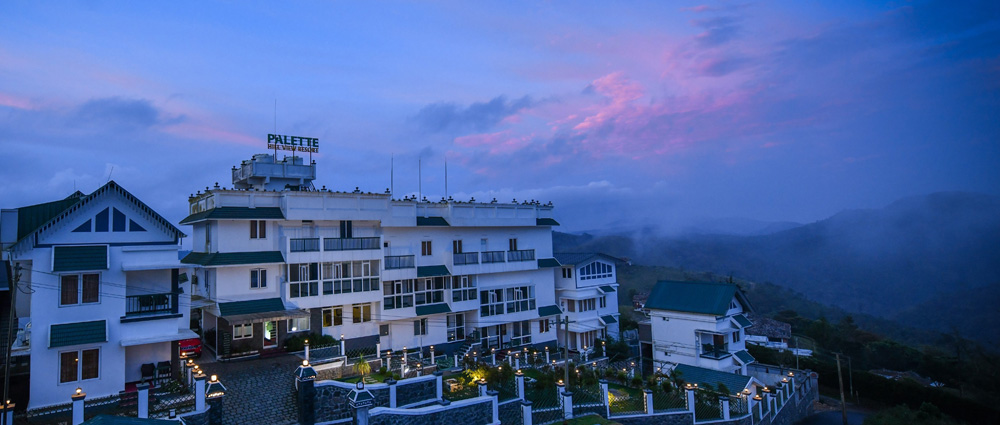 Palette Hill View Resort in Vagamon, which houses its multi-cuisine restaurant; exterior photograph.