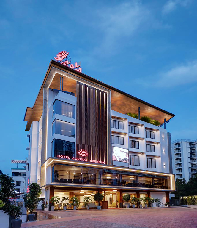 Hotel Cordial Sopanam facade in Thampanoor, as shown on the hotel website.