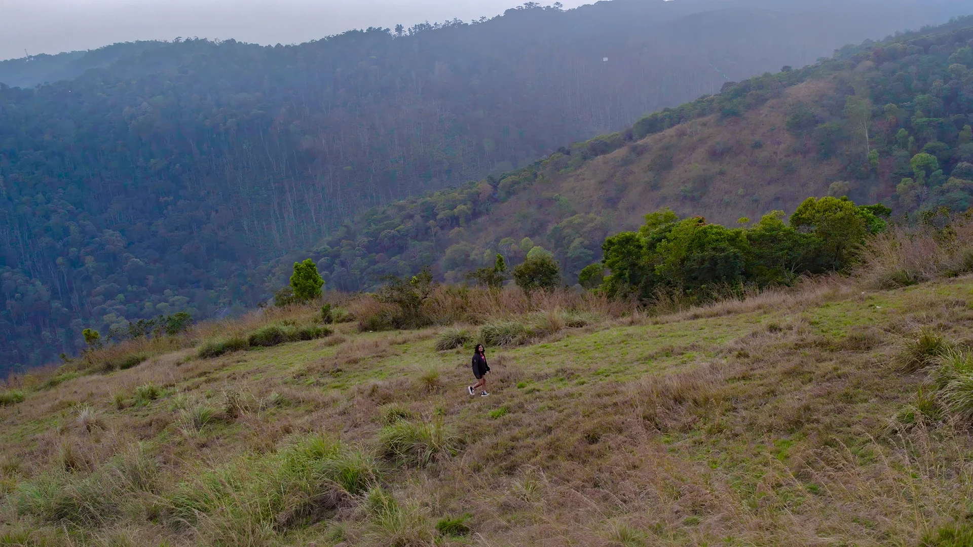 A person on Murikkady’s uneven grassy slope above a wooded valley.