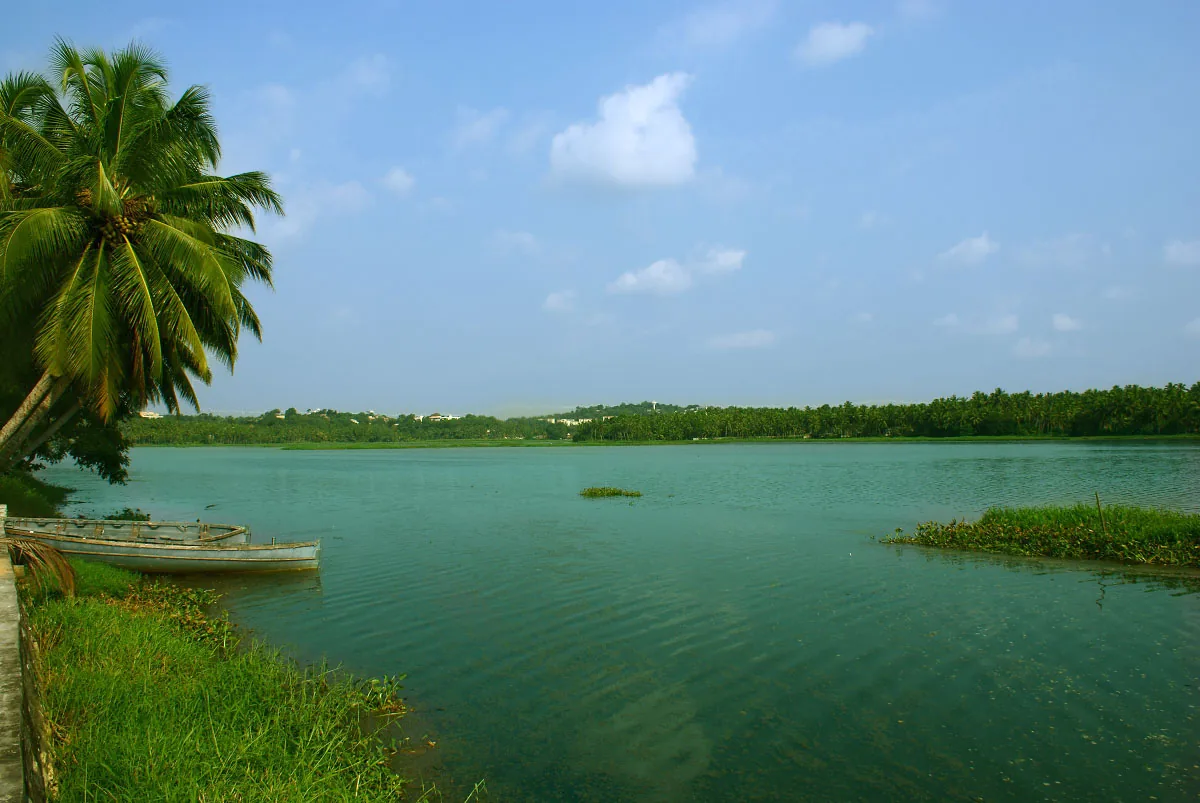 A country boat moored on the bank of Akkulam kayal under palms, with open water beyond
