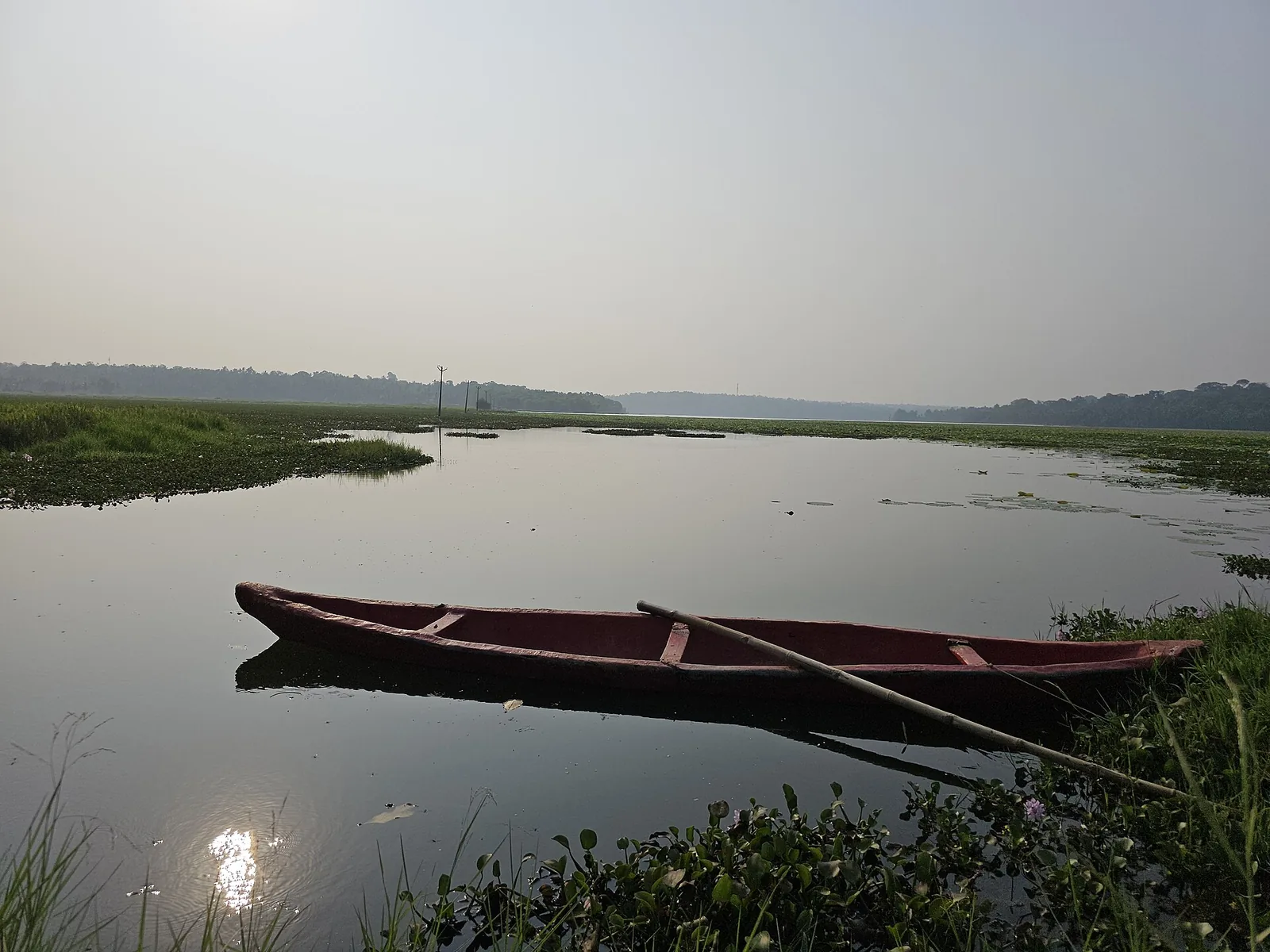 A red country boat with a punt pole moored on the still water of Vellayani Lake