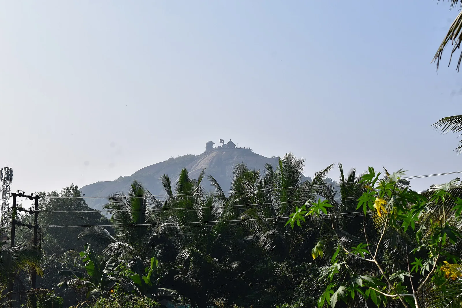 The bare grey dome of Jatayupara rising above dense green coconut and plantain country, its rock surface streaked and unvegetated.
