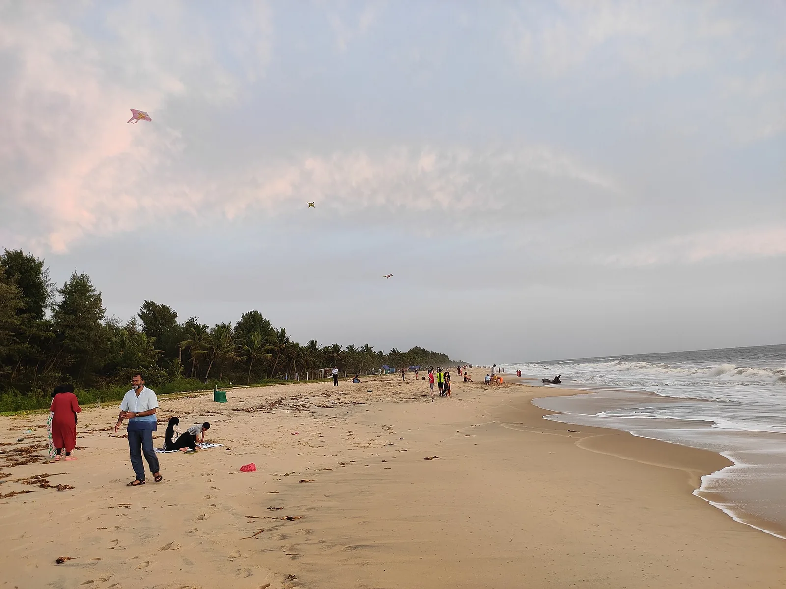 A wide sandy beach at Marari in the evening, with kites in the sky, small groups of people walking and sitting, and coconut palms behind the dunes