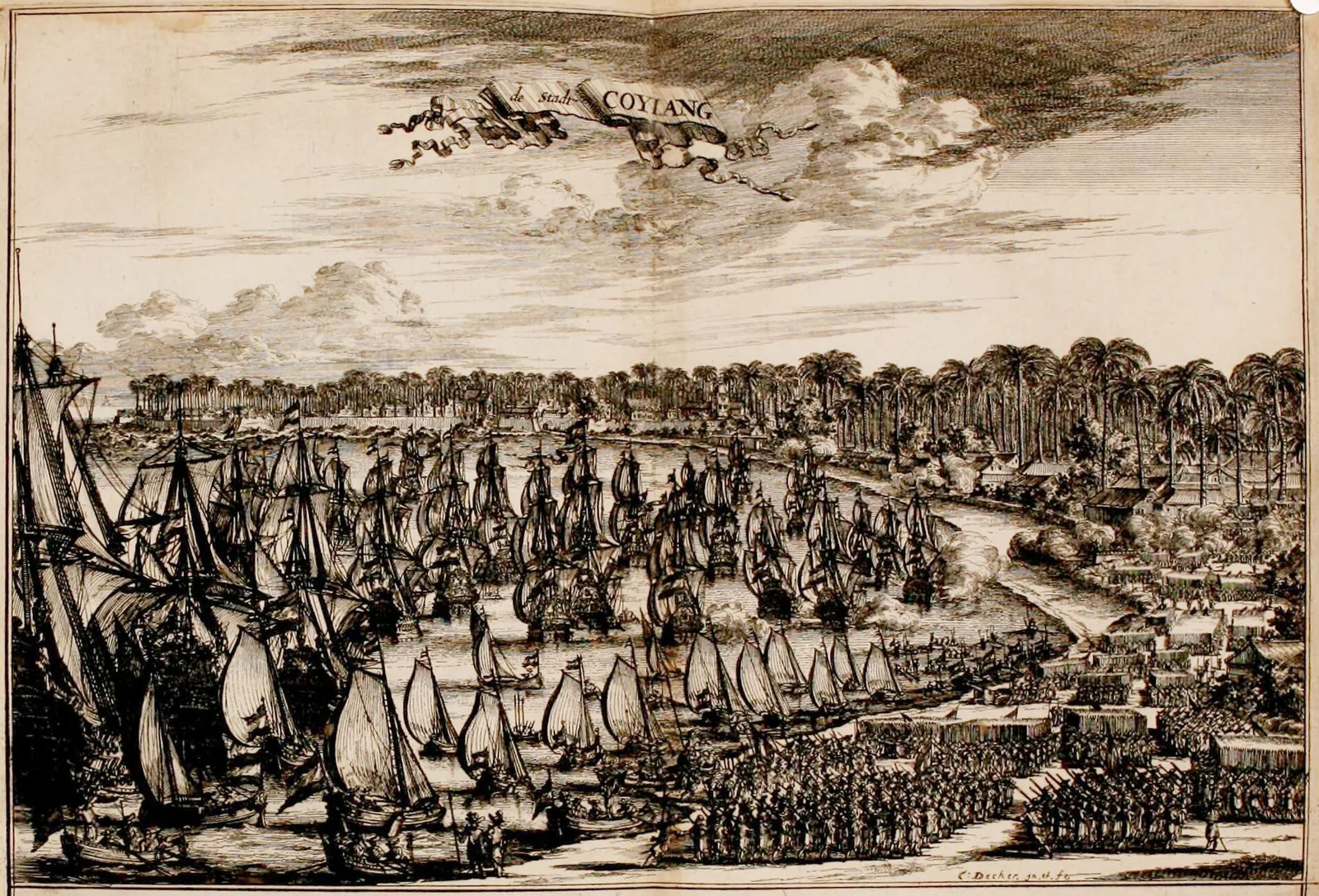 A seventeenth-century engraving titled de stadt COYLANG showing a large fleet of sailing ships crowded into the harbour at Kollam, with ranks of soldiers drawn up in formation along the shore in the foreground and a palm-lined coast behind