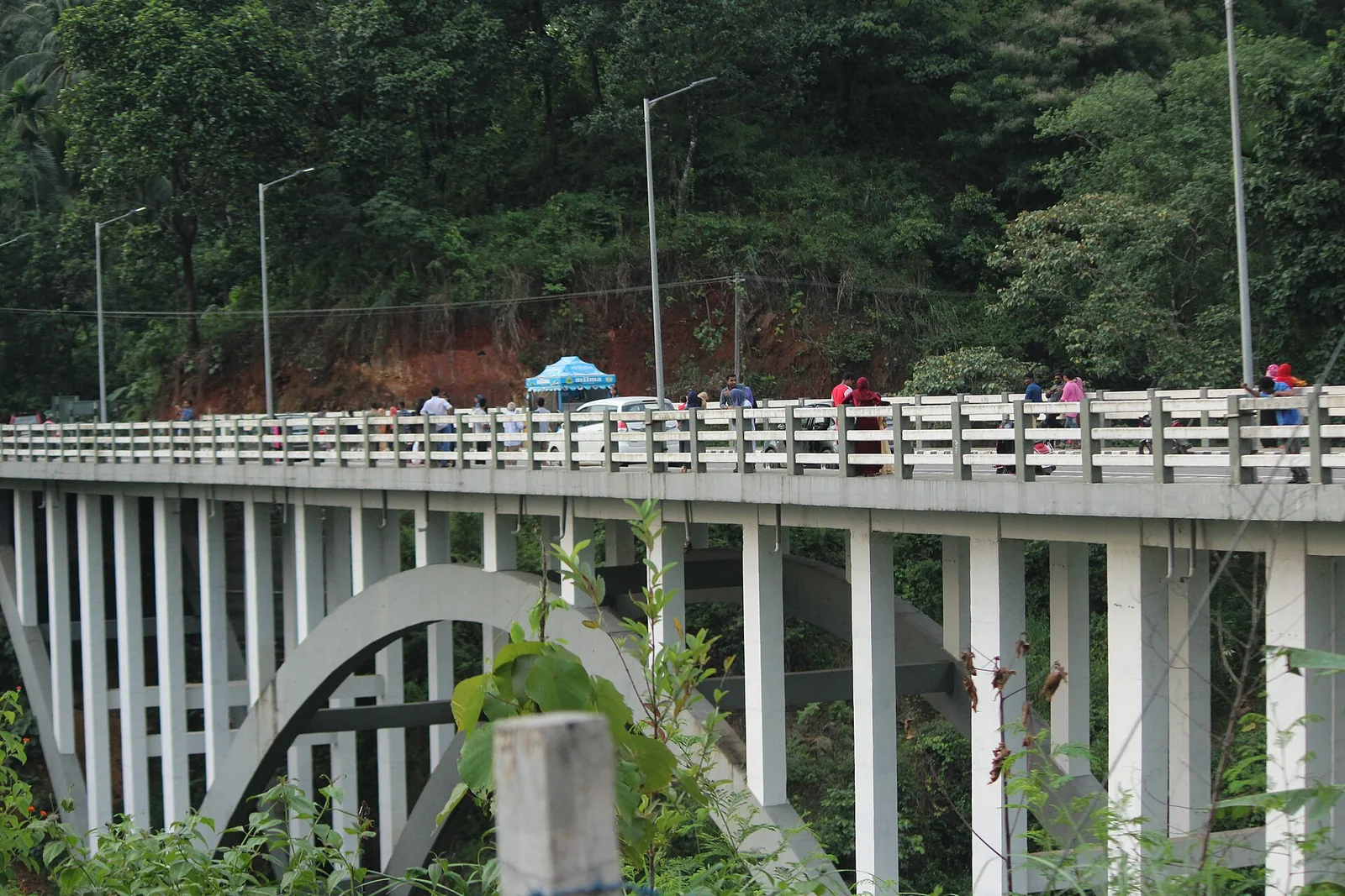 The tall concrete arch bridge carrying the road over the Chalippuzha gorge at Thusharagiri, with vehicles and people on the deck