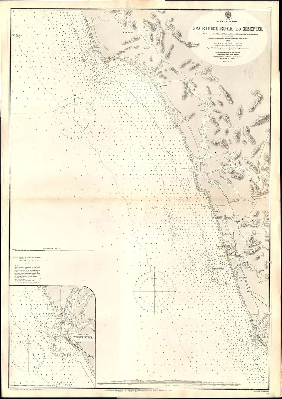 Admiralty chart number 64, Sacrifice Rock to Beipur, published 1888, showing the Malabar coast with Sacrifice Rock marked offshore