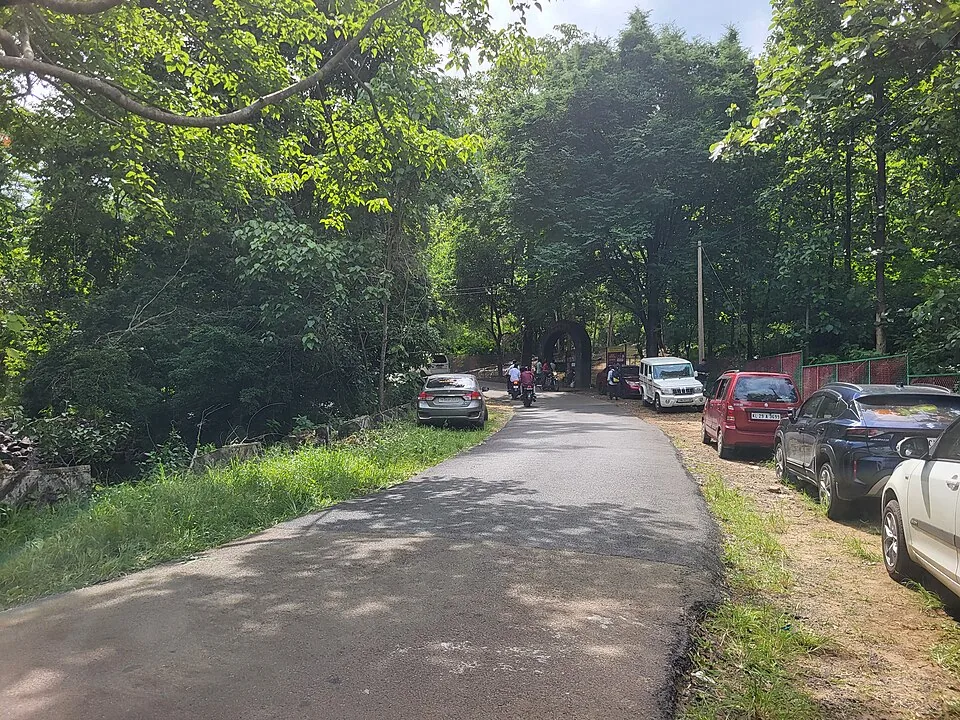 A tarred forest road running to a dark stone arch, with cars and motorcycles parked along the verge and visitors walking towards the gate.