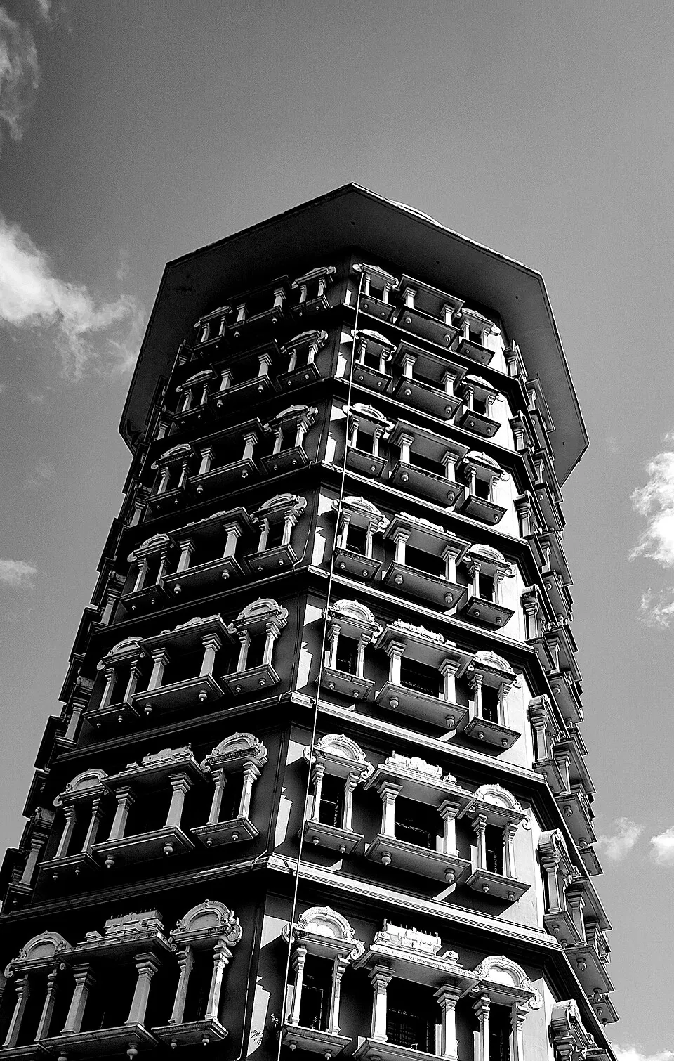 The octagonal Adi Shankara Keerthi Sthambha Mandapam tower at Kalady seen from below