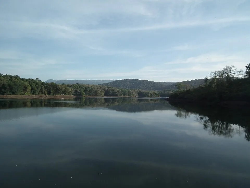 Calm Peechi reservoir reflecting wooded banks and low forested ridges