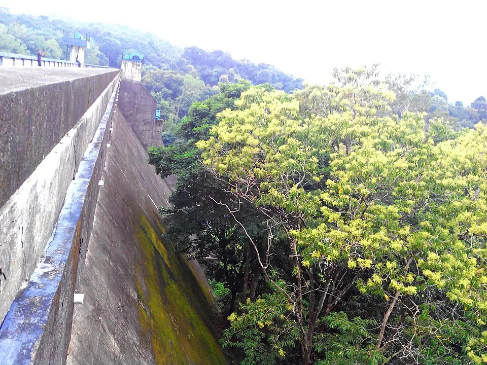 Side view of the Peppara reservoir with the exposed bank between the water and the forest