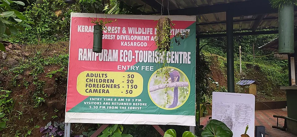 The Forest Department tariff board at the Ranipuram eco-tourism centre, listing the entry fee and the timings
