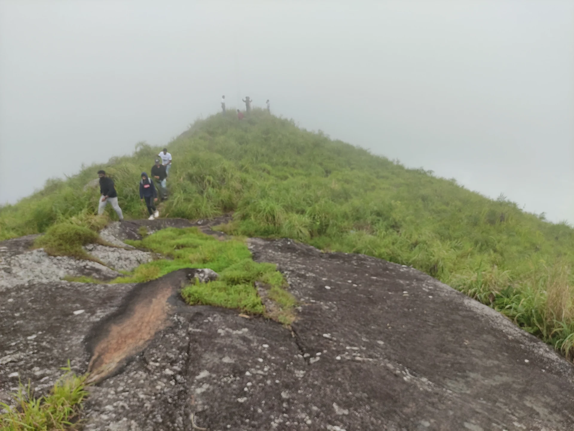 Visitors walk along a narrow grassy ridge above exposed, lichen-marked rock in mist at Ilaveezhapoonchira.