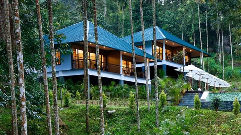 Wayanad Coffee Trail’s blue-roofed cottages stand on a wooded slope beside steps and white parasols.