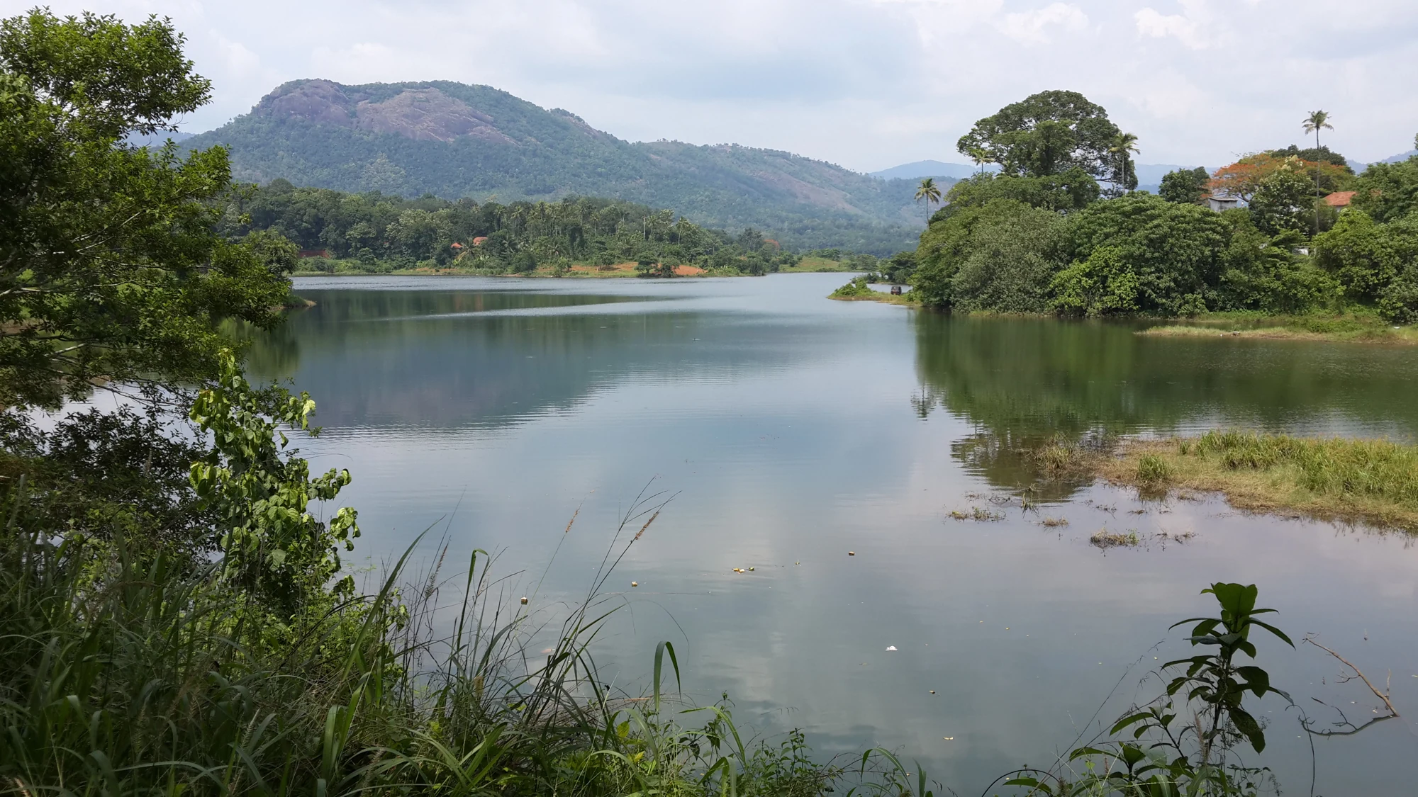 Malankara reservoir lies below wooded slopes, scattered buildings and a rocky hill