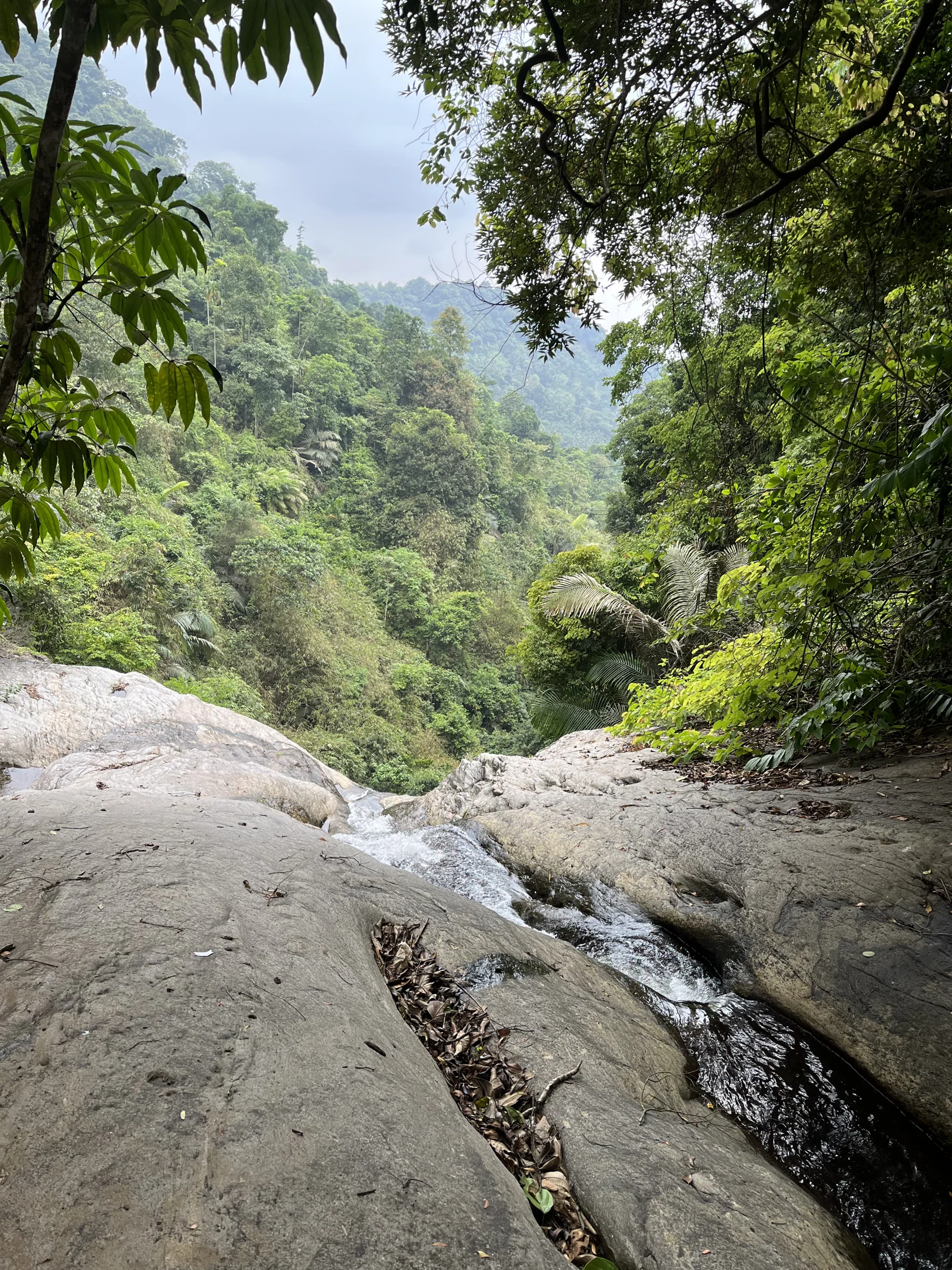 Water runs through narrow grooves and over a dark rock lip at Thusharagiri.