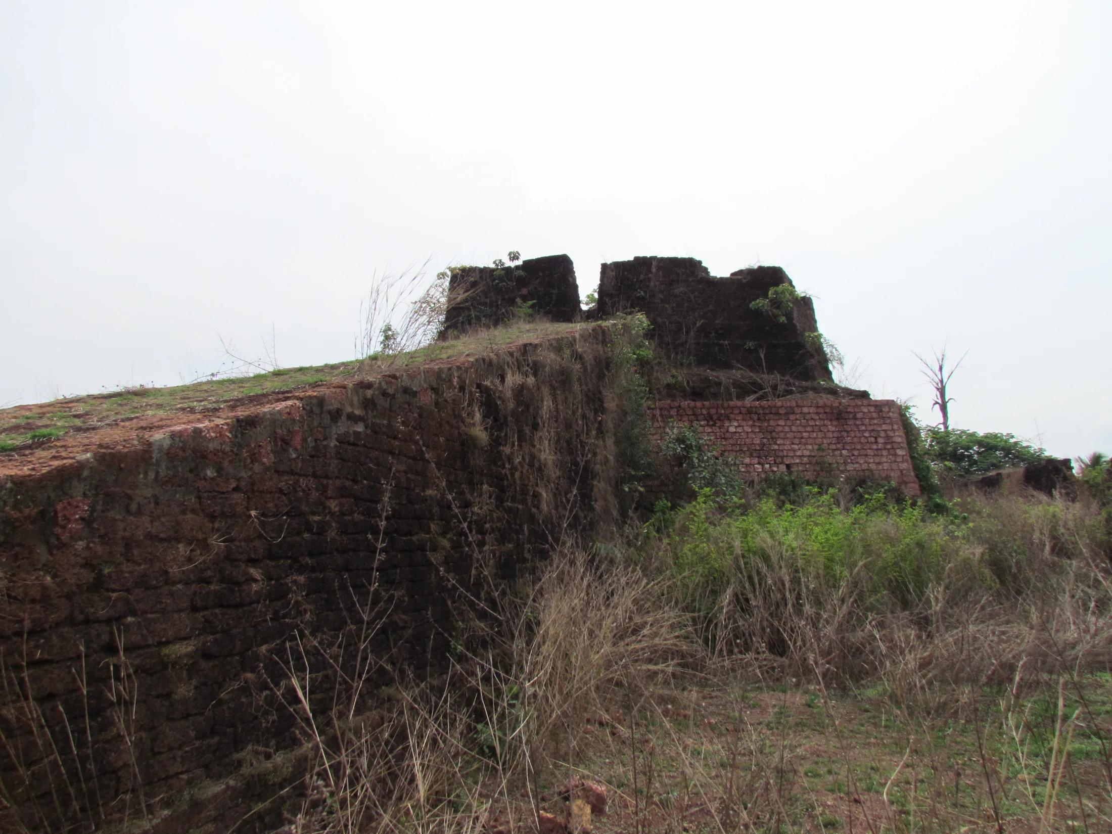 Vegetation covers parts of Hosdurg’s laterite fortification, with a rounded mass of masonry above the approach.