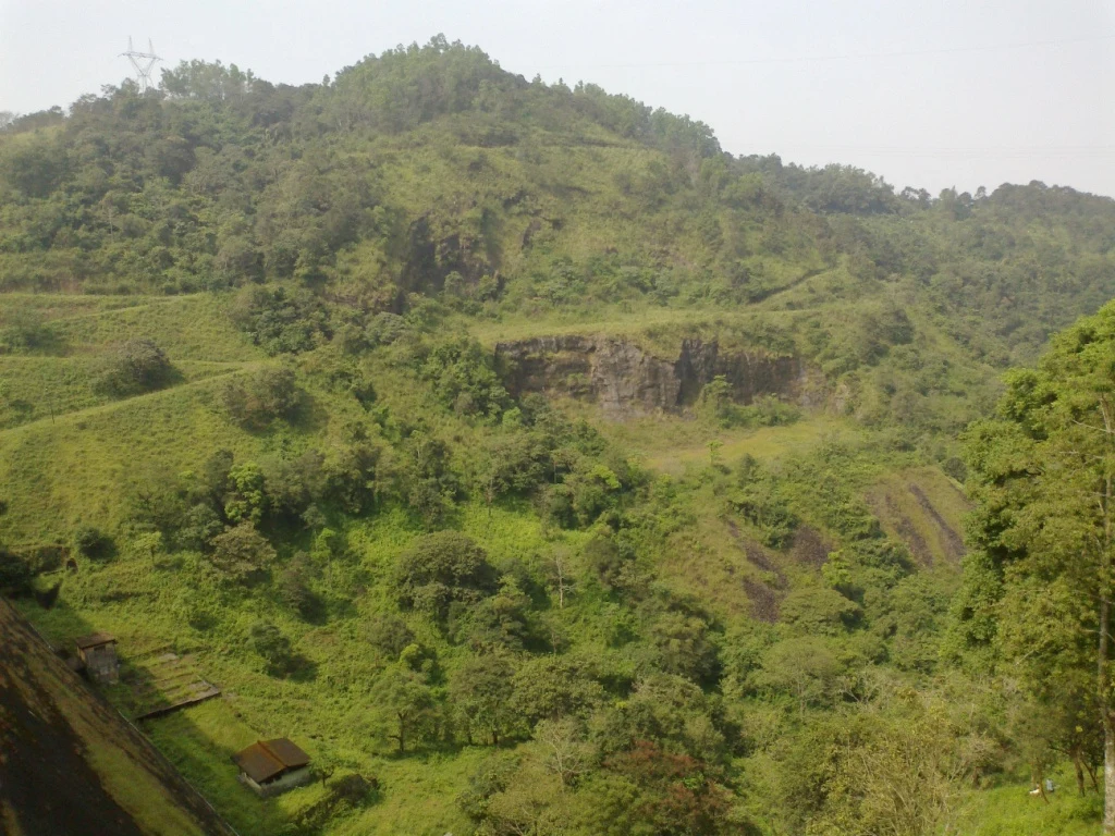 The dam’s downstream side and wooded valley in an archival view.